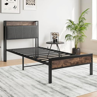 BORPHOM 3ft Single Bed Frame with Storage Headboard,Heavy Duty Metal Upholstered Platform Bed Frame,Mattress Foundation/Strong Steel Slat Support/Under-bed Storage/Easy Assembly