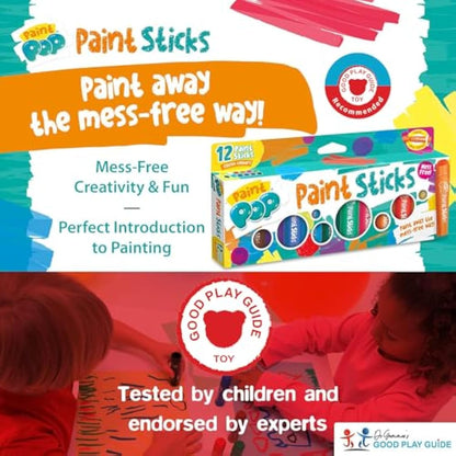 Paint Pop - Paint Sticks For Kids - 12 Pack Assorted Colours - Twist & Paint, Mess-Free, Fast Drying Action, Easy Clean Up, Vibrant Colours, Multi-Surface