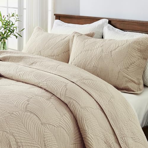 Qucover Beige Bedspread Soft and Comfortable Cotton Quilted Bedspreads King Size with Elegant Embroidered Palm Leaf Pattern, 3 Pieces Bedspreads