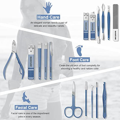Manicure Set Professional Nail Clippers Pedicure Kit, 16 pcs Stainless Steel Nail Care Tools Grooming Kit with Luxurious Travel Leather Case for Thick Nails Men Women Gift (Blue)
