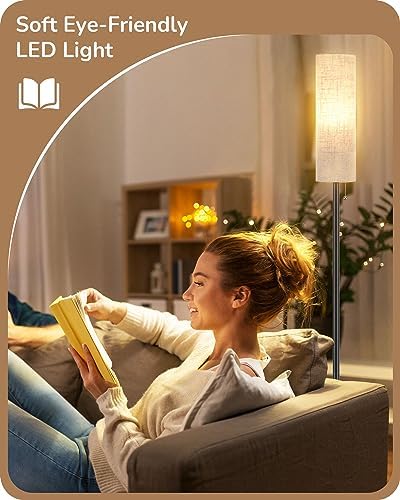 EDISHINE Floor Lamp, Standing Lamp with Rounded Linen Lampshade, Floor Lamps for Living Room, Bedroom, 165cm, E27 Socket(9W LED Dimmable Bulb Included), Magnetic Remote Control, Black