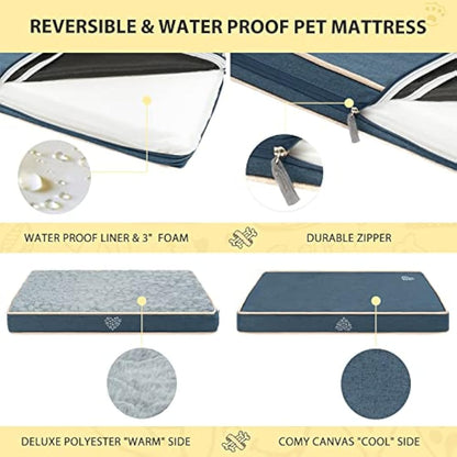 VANKEAN Waterproof Reversible Dog Bed Mat with Removable Machine Washable Cover, Crate Mat for Small to Large Dogs, Navy/Grey