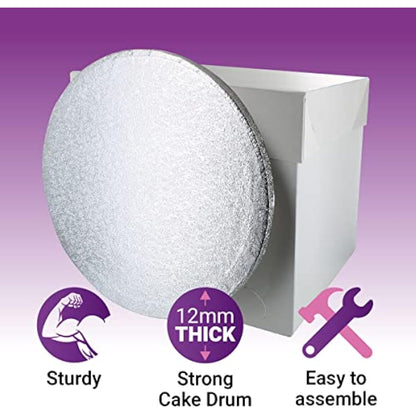 Culpitt 14" Round Silver Cake Drum Board & Tall White Box Combo, 14 x 14 x 12 Inch Square Box and Matching Circle Set for Tiered or Decorated Transport