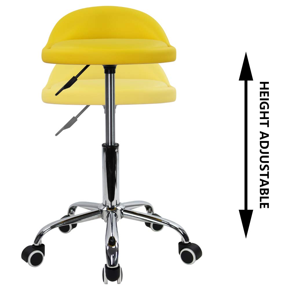 KKTONER PU Leather Round Rolling Stool with Back Rest Height Adjustable Swivel Drafting Work SPA Task Chair with Wheels (Yellow)
