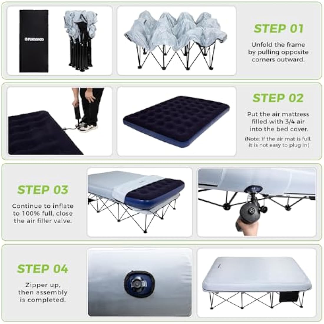 FUNDANGO Camping Beds Double with Air Mattress Folding Camp Beds 2 Person with Mattress Camping Cot Portable Air Bed with Air Pump Side Table Sleeping Cot Guest Bed for Travel Fishing Picnic Indoor