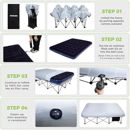 FUNDANGO Camping Beds Double with Air Mattress Folding Camp Beds 2 Person with Mattress Camping Cot Portable Air Bed with Air Pump Side Table Sleeping Cot Guest Bed for Travel Fishing Picnic Indoor