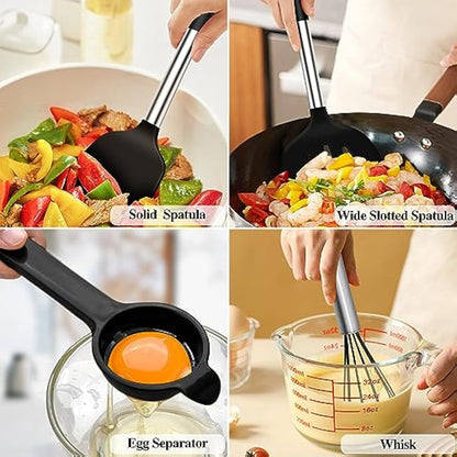 Kitchen Utensils Set, 26 Pack Silicone Cooking Utensils Set with Holder, Silicone Kitchen Utensils, Heat Resistant, Non Stick Spatula Spoon Slotted Spatula Cooking Tools Turner Tongs, Black