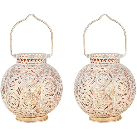 TRIROCKS Set of 2 Moroccan Style Metal Table Lamp 18cm H Battery Powered Cordless Lanterns with LED Fairy Lights Bulb Perfect for Home Living Room Parties Tabletop Indoors (White)