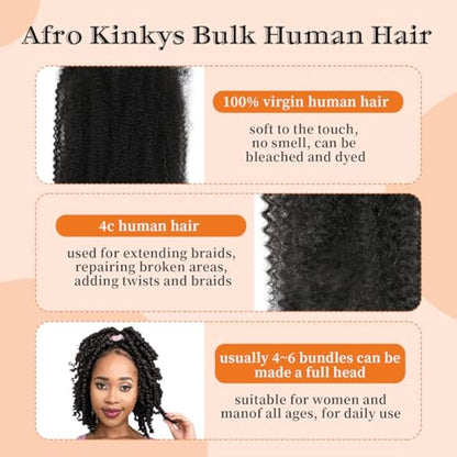 Yacurcur Afro Kinkys Bulk Human Hair 50g/Pack Braiding Hair for Dreadlocks Extensions,Loc Repair,Twist Braiding No Short Hair 4C Afro Kinky Human Hair Natural Black (14 Inch)
