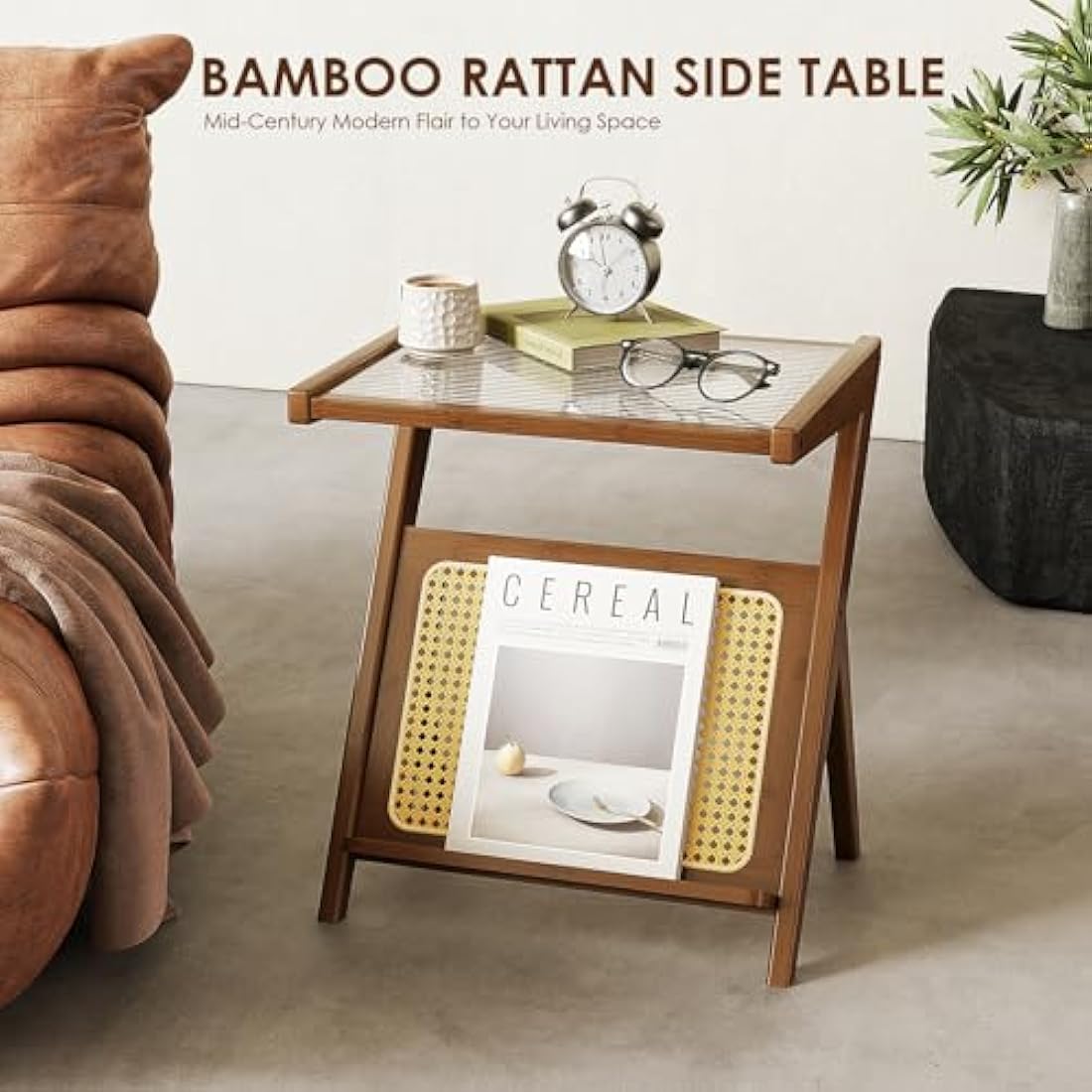 Bamworld Rattan Side Table Boho NightStand Mid Century Modern End Table Glass Bedside Table Small End Tables Bamboo Coffee Table with Storage Record Player Stand for Living Room Bedroom