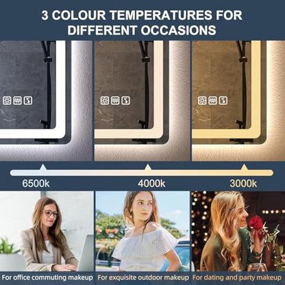 S'bagno Bluetooth-Bathroom-Mirror-with-LED-Lights 1000x700mm, LED-Bathroom-Mirror with Defogging Mat, 3000K-6500K, Dimmable, Memory, HD Tempered Glass, IP44 Waterproof, Horizontal/Vertical