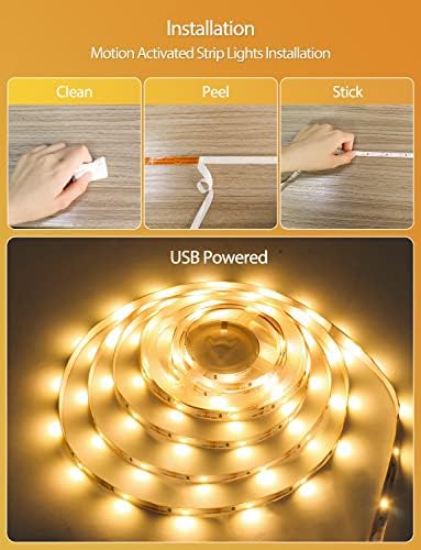 Daymeet Motion Sensor LED Strip Lights, 3M Under Bed Lights Motion Activated Bedside Lamp Illumination Cupboard Kitchen Lighting Indoor Night Light Under Cabinet Light,(Warm White) NO APP