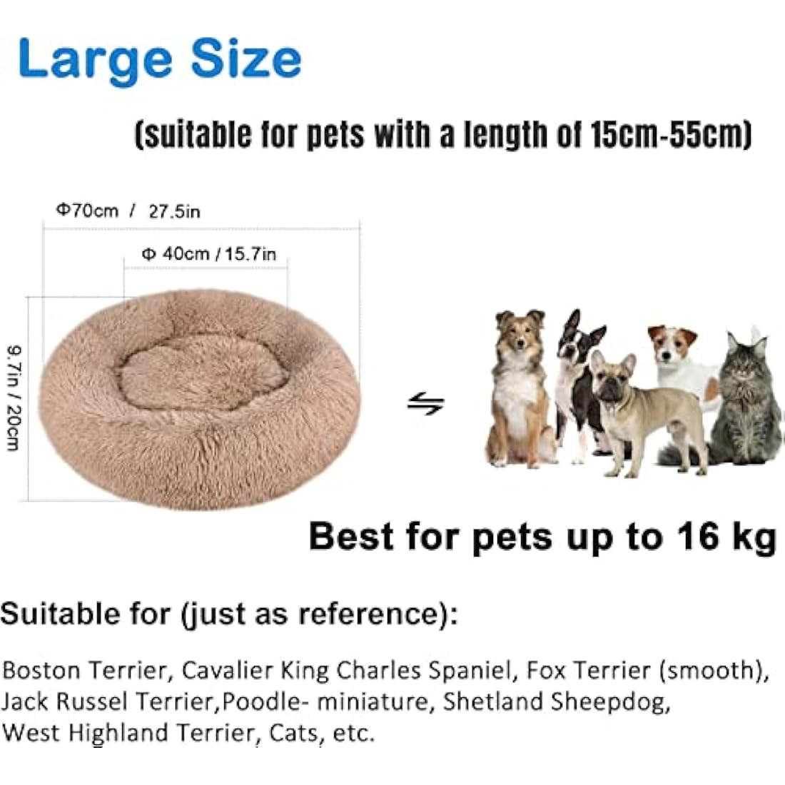 Comfy Calming Dog Beds Medium Washable,Anti Anxiety Donut Ped Bed,Luxury Warm Fluffy Improved Sleep Amazingly Cat Bed Cuddler,Anti-Slip Bottom Round Puppy Bed for Small Medium Cat Dog（L,Beige Brown）