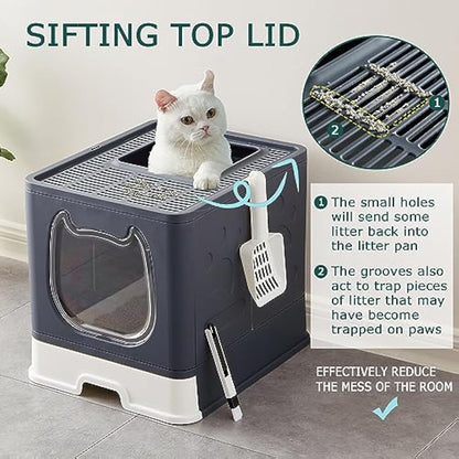 Pawsayes Cat Litter Tray Litter box with Lid for Medium and Small Cats, Foldable Top Entry Kitten Litter Box with Drawer Pan and Scoop