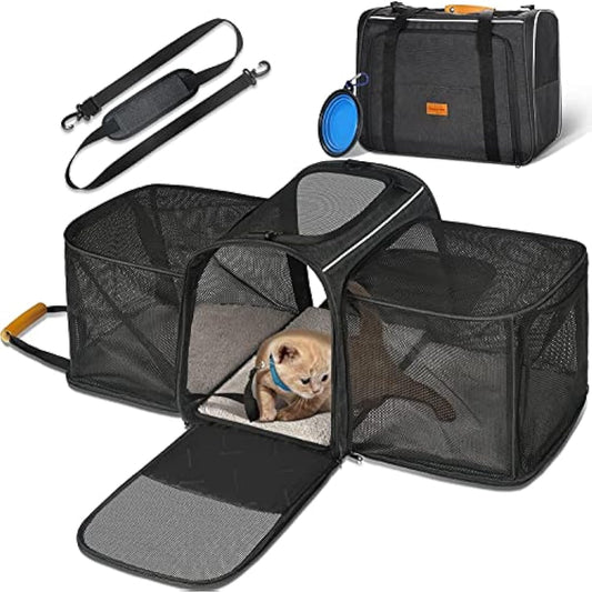 Morpilot Soft Sided Pet Carrier Bag for Small Dogs, Puppies, Medium and Large Cats, Expandable, Airline Approved, with Breathable Mesh and Locking Safety Leash, Grey