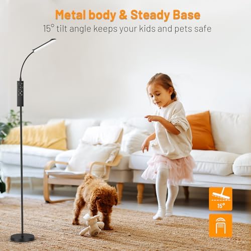LED Uplighter Floor Lamp Adjust freely, 18W 1800LM Dimmable Floor Standing Lamp with Remote & Touch Control, 1min Installation, Standard Eye Caring Reading Lamps Living Room Modern for Bedroom (Black)