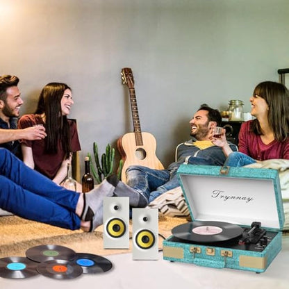 Trynnay Record Player 3 Speed Bluetooth Portable Suitcase Vinyl Player with Built-in Speakers Turntable Enhanced Audio Sound Sky Blue
