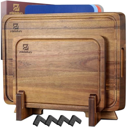 Piklohas Large Wooden Acacia Chopping Board Set For Kitchen