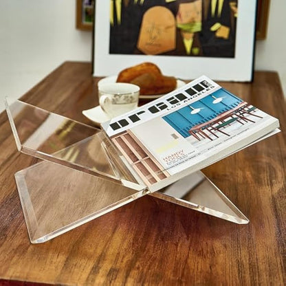 Honygebia Clear Acrylic Book Stands - Cross Frame Acrylic Book Holder, Open Bookstand for Display and Reading, Suitable for Art, Bible, Cookbook, Easel, Magazine, Recipe, Textbooks - 32 x 24 x 14cm