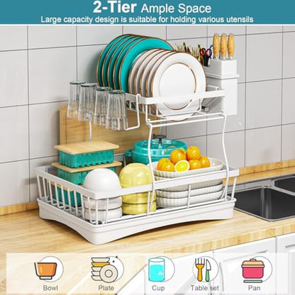 StowBin 2 Tier Dish Drainer Rack for Kitchen Counter - Space-Saving Dish Rack with Utensil Holder, Large Capacity Dish Drying Rack with Draining Board, White