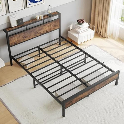 JELUTE Double Bed Frame with Wooden Storage Shelf Headboard, Metal Platform Bed Frame, No Box Spring Needed, Noise Free, Reinforced Strong Support Leg, Black