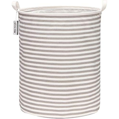 Sea Team 19.7 Inch Large Sized Waterproof Coating Ramie Cotton Fabric Folding Laundry Hamper Bucket Cylindric Burlap Canvas Storage Basket with Stylish Grey Stripe Design
