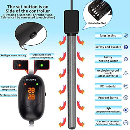 HiTauing Aquarium Heater, 50W/100W/300W/500W Submersible Fish Tank Heater with Over-Temperature Protection and Automatic Power-Off When Leaving Water for Saltwater and Freshwater