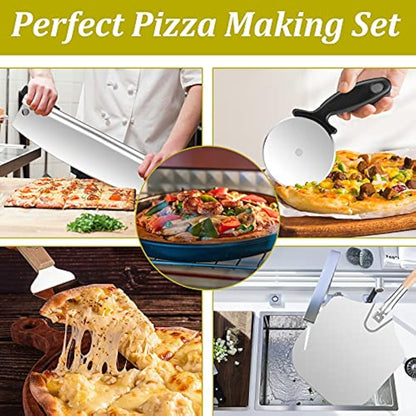 Sinbury Pizza Peel Tools Set, 5 PCS Pizza Making Tool Kit, Including 12 Inch Pizza Paddle, Rocker Cutter, Spatula, Cutter, Food Clip,