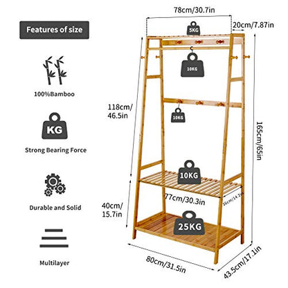 unho Bamboo Clothes Rail Rack: Free Standing Garment Rack with 3 Storage Shelves 10 Hooks Portable Open Wardrobe Clothing Storage Organizer for