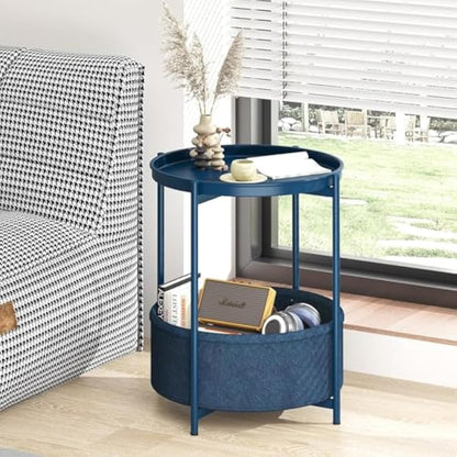 Huhote Side Table, Round End Table with Fabric Basket, Small Bedside Table, Nightstand Sofa Table for Living Room, Bedroom, Bathroom, Balcony, Modern Style (Blue)