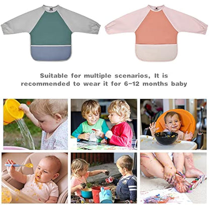 Vicloon Baby Weaning Bibs, PU Feeding Bibs With Long Sleeves, Waterproof Toddler Bibs Easy to Clean, Suitable for Babies From 6 Months to 12 Months(Green)