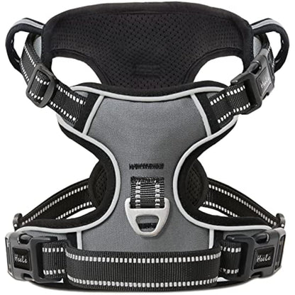 HEELE No Pull Dog Harness - Large, Reflective, Adjustable with Front & Back Leash Attachments & Soft Padded Control Handle - Grey, L