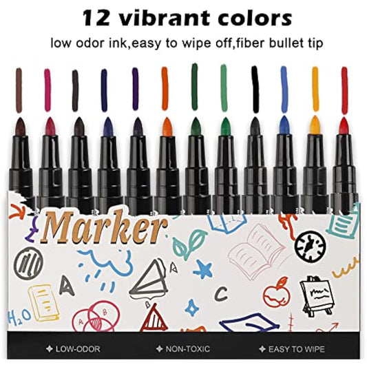 12 Magnetic Whiteboard Pens and Eraser set, 12 Colors Fine Tip Markers, Low-Odor, Non-Toxic Fine Point