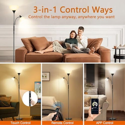 OUTON LED Dimmable Floor Lamp with Touch Control & Remote & App Control, Uplighter Mother and Child Floor Lamp with Reading Lamp, 1 Hour Timer, Tall Standing Lamp for Living Room, Bedroom, Office