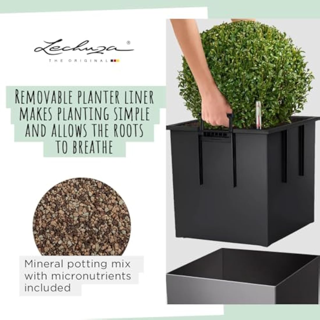 Lechuza Self Watering Plant Pot CUBE 40 Garden Flower Indoor and Outdoor Plastic Planter with Drainage Hole H40 L40 W40 cm Charcoal Metallic
