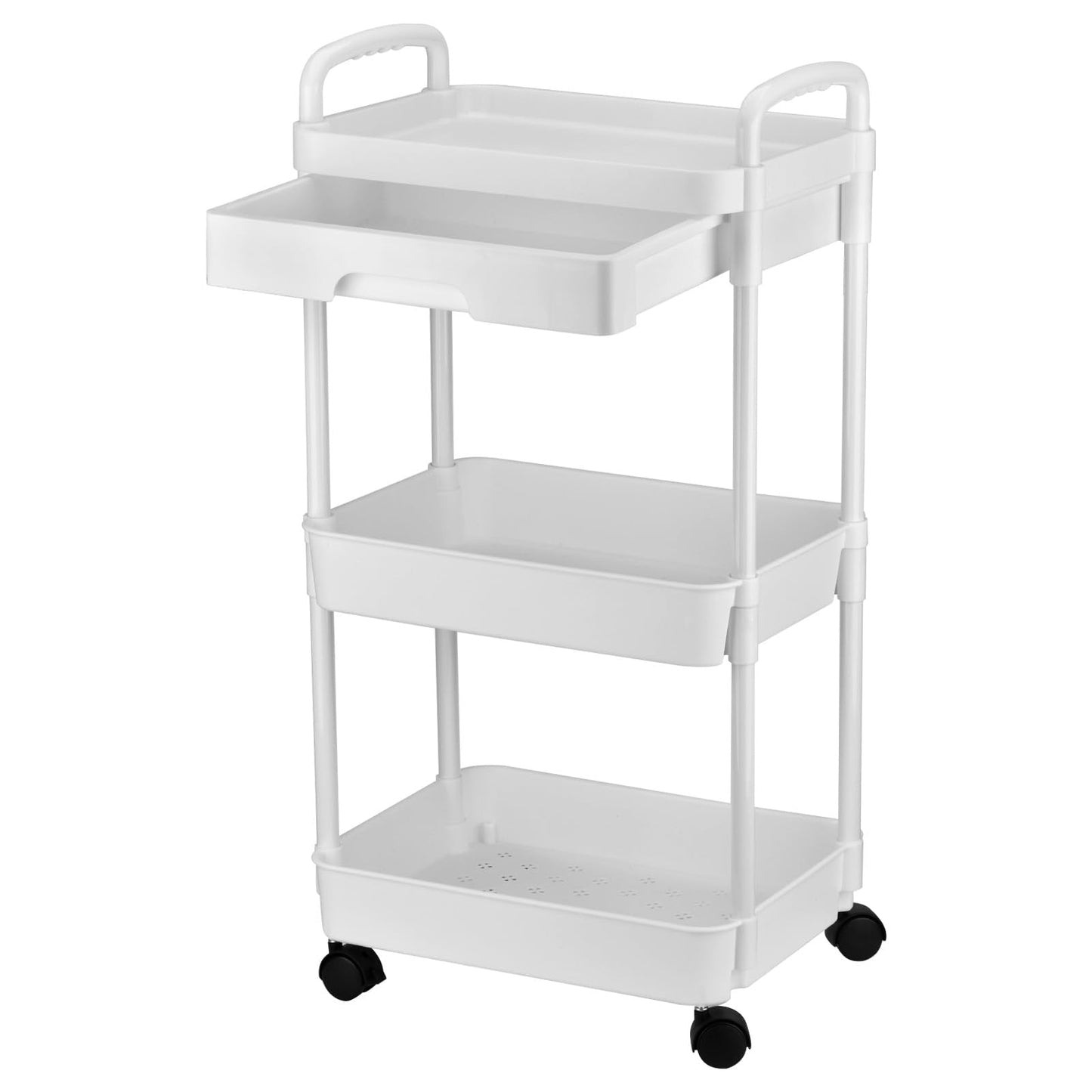 DUOJIN 3 Tier Plastic Rolling Utility Cart with Handle, Multi-Functional Storage Trolley with Mesh Baskets and Lockable Wheels for Bathroom Kitchen