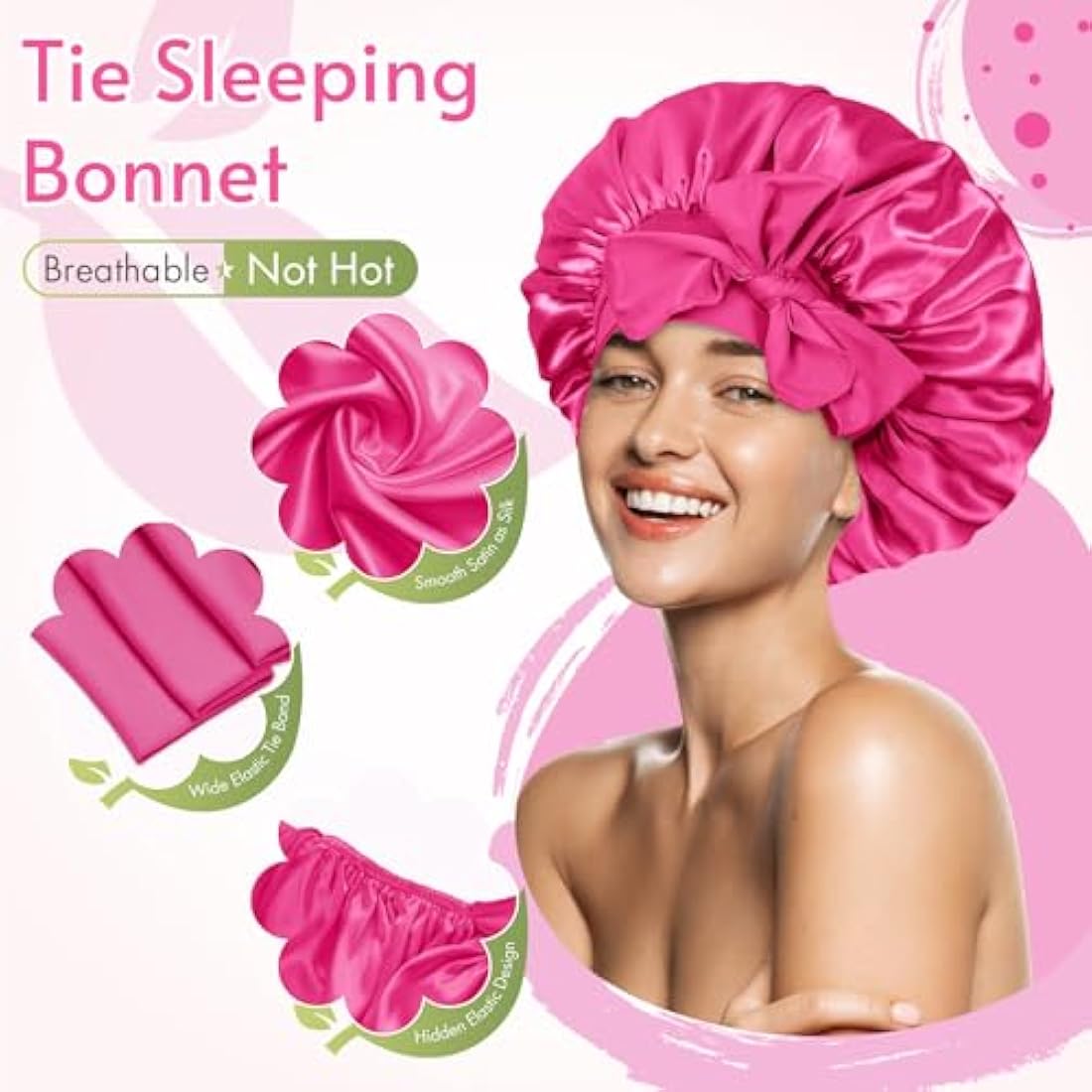 BONNET QUEEN Silk Bonnet for Sleeping for Curly Hair, Satin Bonnet Hair Wrap for Women & Men, Adjustable Silk Scarf Night Cap with Tie Band, Hot Pink