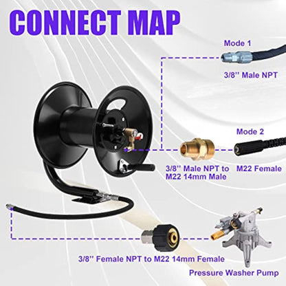 Tool Daily Pressure Washer Hose Reel, 150 FT Heavy Duty Steel Hose Reel for Power Washer, 3/8" Hose Reel Hand Crank, 4000 PSI