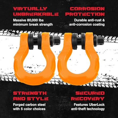 GearAmerica UBER Shackles with Anti Theft Lock (2PK) Orange | 80,000 lbs (40T) Strength | Towing D-Rings + UBERLock Security Pin 7/8" + Washers | Connect Tow Strap or Winch Rope for Off-Road Recovery