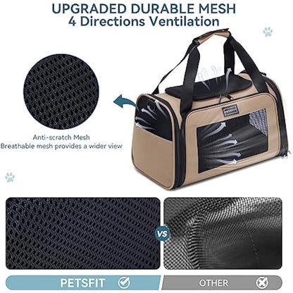 PETSFIT Dog Travel Carrier for Small Dogs with Extendable Fleece Pet Mat, Puppy Dog Carrier with Safety Leash for Pets Up to 25 Lbs (50 * 33 * 33CM, Khaki)