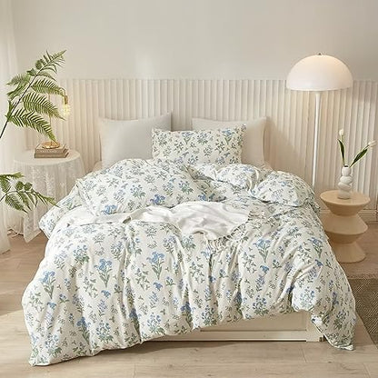 Ruccit White Floral Duvet Cover Set King 100% Cotton Duvet Cover King Size Bed 3pcs Garden Blue Green Chic Flower Bedding Set with Zipper Closure