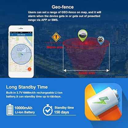 GPS Tracker, 10000mAh Battery GPS Car Tracker with Magnet, Waterproof Real Time Positioning Anti Lost Tracking Device for Fleet, Van, Vehicle, Worldwide Coverage No Distance Limit No Subscription Fee