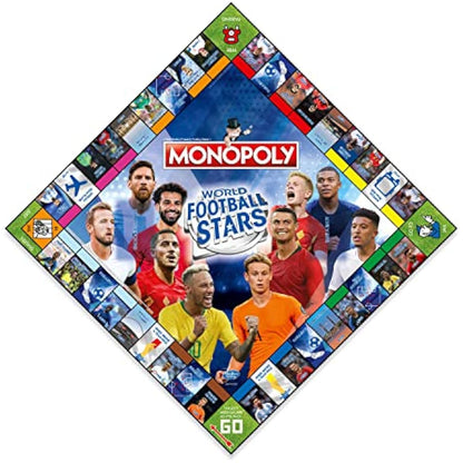 Winning Moves World Football Stars Monopoly Board Game, Play with Cristiano Ronaldo, Lionel Messi, Harry Kane and Salah, gift for ages 8 plus, Blue