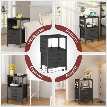 COWISH Bedside Table with Charging Station, 2 Drawers Bedside End Table, Industrial Sofa SideTable, Rolling Nightstand with Storage Shelf and Bag for Living Room, Bedroom, Black