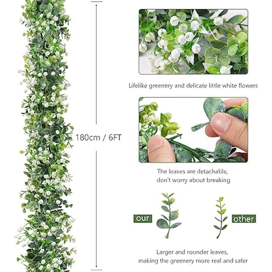 LOMOHOO 2PCS 12FT Artificial Eucalyptus Garland With White Flowers, Fake Leaves Green Garland Artificial Foliage Garland, Greenery Garlands for Home Decoration Wedding Backdrop Table Arch Wall Decor