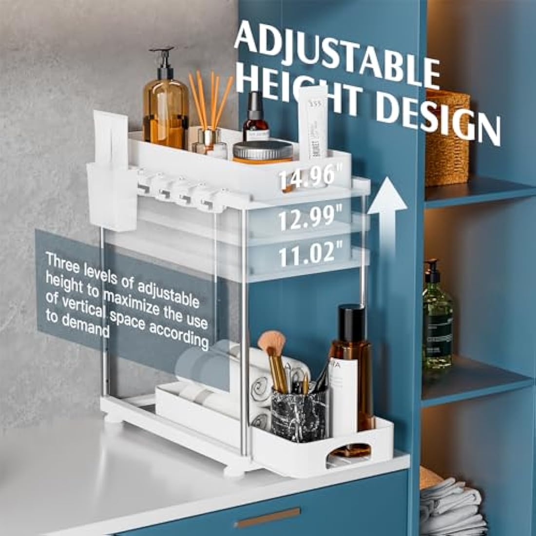 VERIFOST 2 Pack Under Sink Storage Kitchen Organiser, 2 Tier Under Sink Organiser with Two Slide-Out Drawers, Height Adjustable Undersink Storage Organiser Kitchen, White