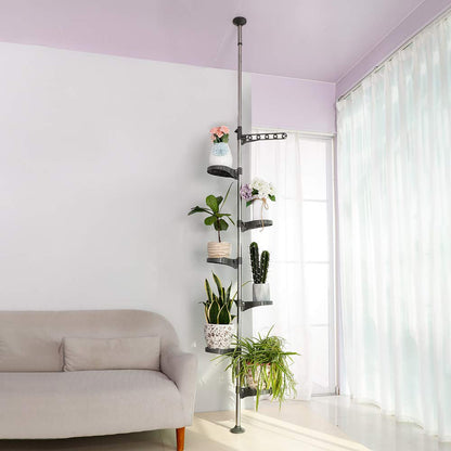 BAOYOUNI 7-Tier Indoor Plant Pole Spring Tension Rod Expandable Flower Pots Display Rack Stand Hanger Metal Corner Storage Shelf, Grey