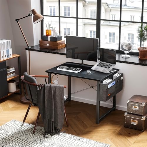 ODK Computer Writing Desk, Sturdy Home Office PC Table, Work Desk with Storage Bag and Headphone Hook (Black, 80 x 40 cm)