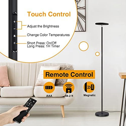OUTON LED Uplighter Floor Lamp 30W 3000LM, Bright Modern Torchiere Dimmable Standing Lamp, Remote Touch Control & 4 Color Temperatures, 1 Hour Timer for Living Room, Bedroom, Office, Black