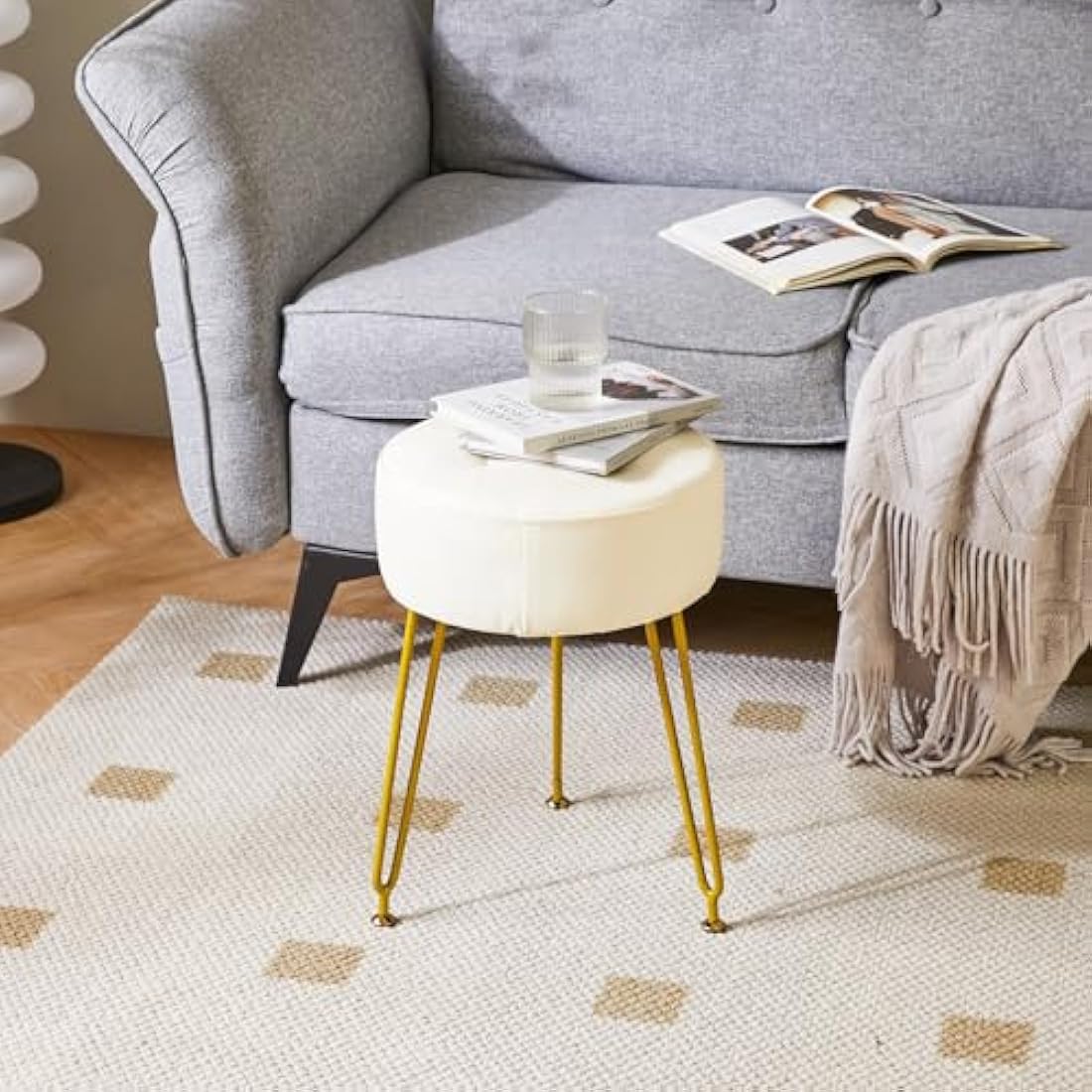 IBUYKE Faux Leather Round Footrest Stool, Makeup Vanity Stool Side Table, PU Dressing Table Seat, Pouf Couch Stool, Golden Steel Legs, White L/G-31W